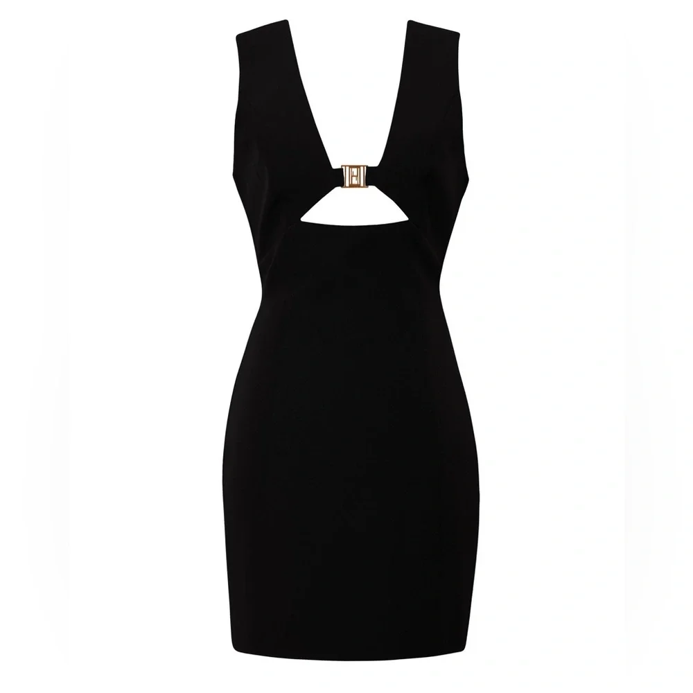 Priceless Black Cutout Mini Dress Gold Hardware V-Neck Sleeveless Cocktail S‎